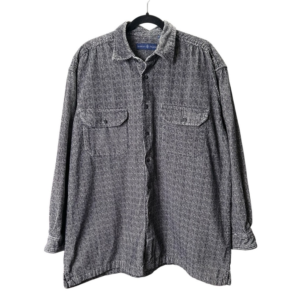World Island Men’s XL Black Herringbone Flannel Corduroy Button Long Sleeve